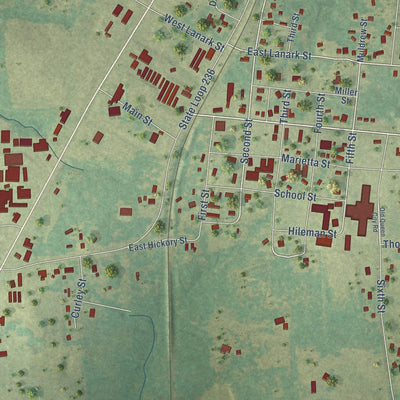 Close-up of the map of Queen City, Texas print showing street and building detail