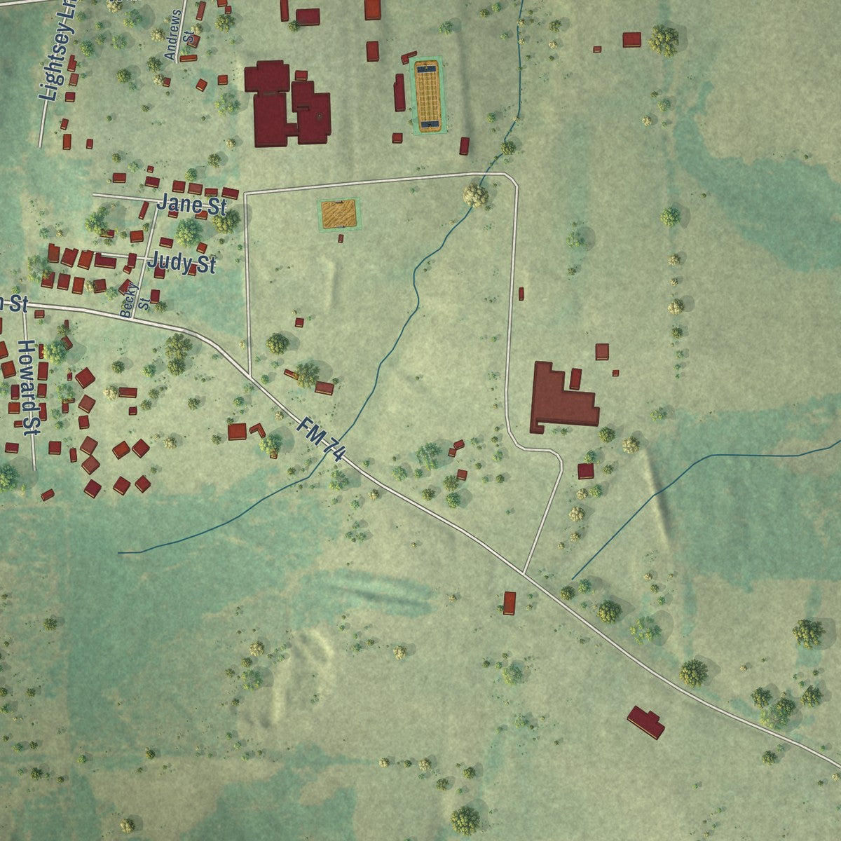Second close-up of the map of Queen City, Texas print showing more streets and buildings