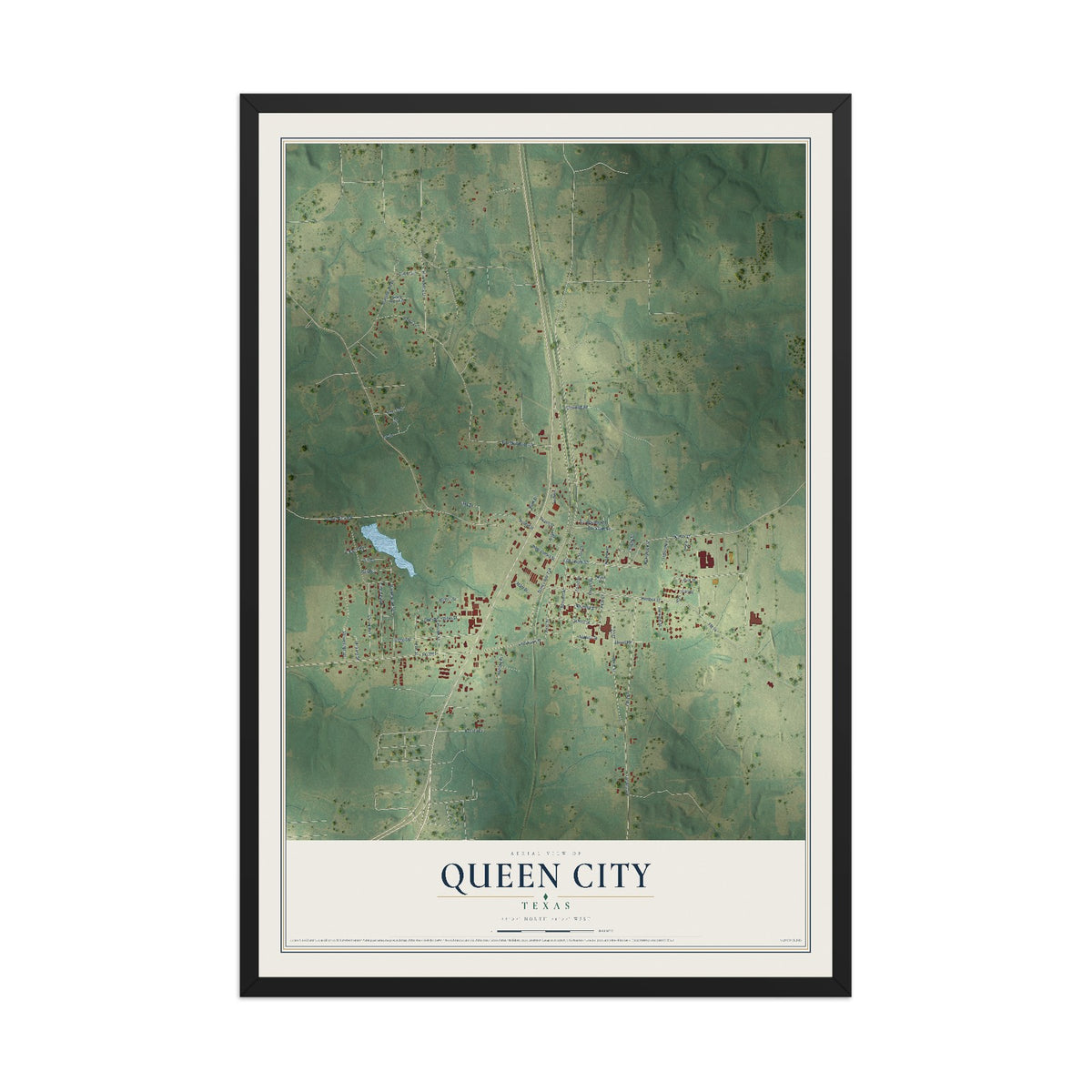 Map of Queen City, Texas, 12 x 18 inch print in a black wood frame