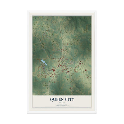 Map of Queen City, Texas, 12 x 18 inch print in a white wood frame
