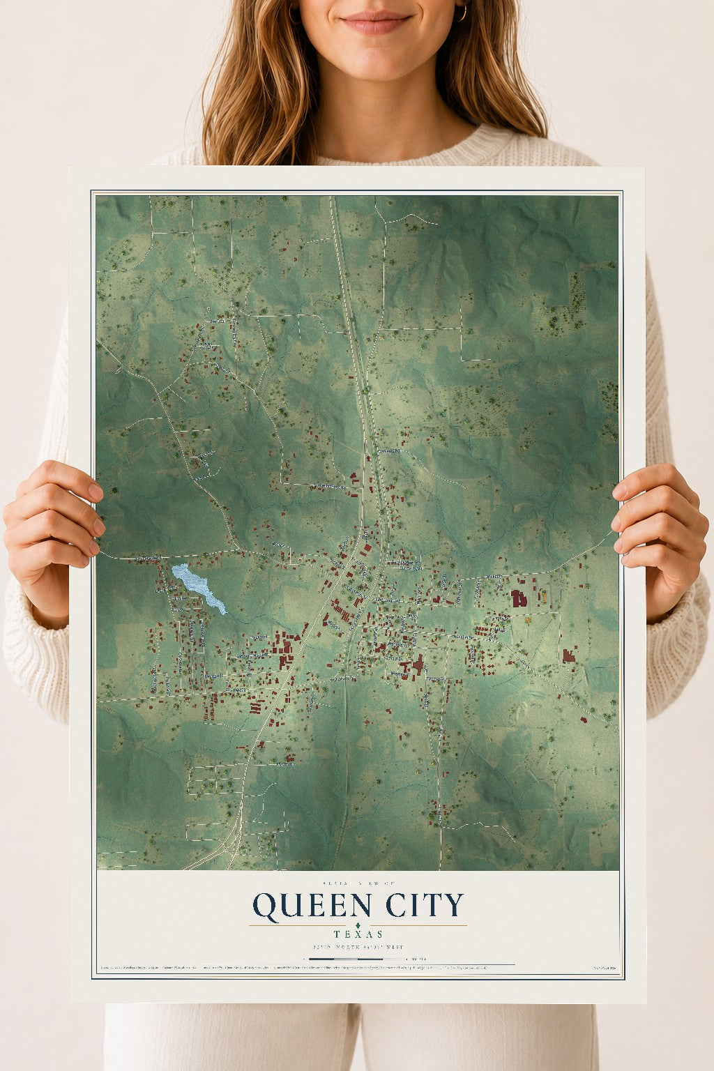 Map of Queen City, Texas, 18 x 24 inch unframed archival matte print