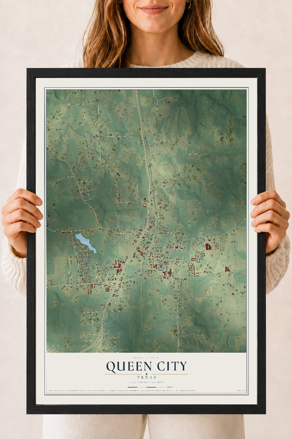 Map of Queen City, Texas, 18 x 24 inch print in a black wood frame