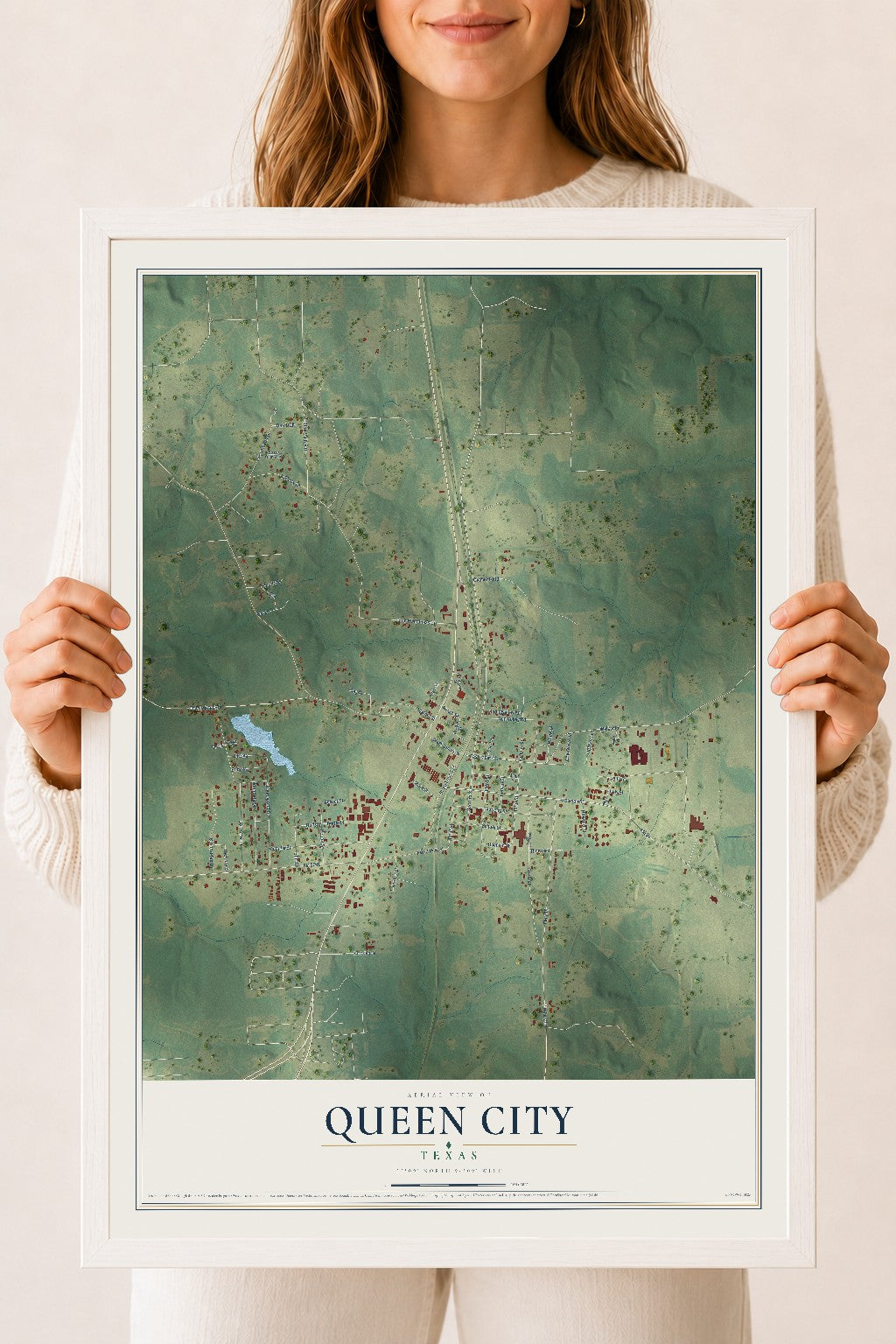 Map of Queen City, Texas, 18 x 24 inch print in a white wood frame