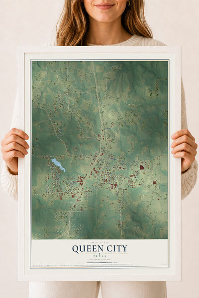 Map of Queen City, Texas, 18 x 24 inch print in a white wood frame