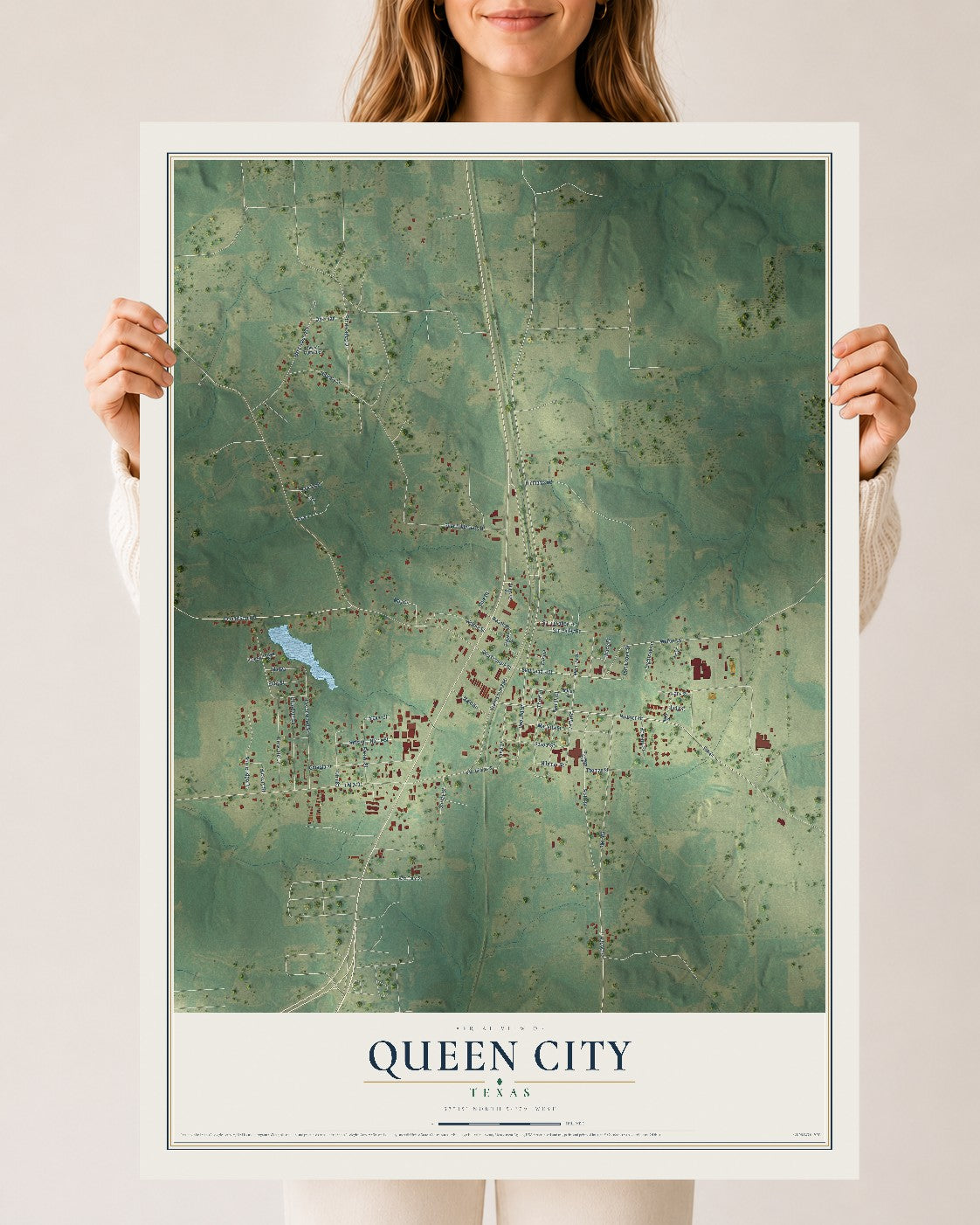 Map of Queen City, Texas, 24 x 36 inch unframed archival matte print