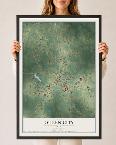 Map of Queen City, Texas, 24 x 36 inch print in a black wood frame