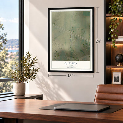 Quesada, Texas map, 18 x 24 inch print in a black frame in a home office