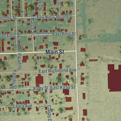 Close-up of the map of Quinlan, Texas print showing street and building detail