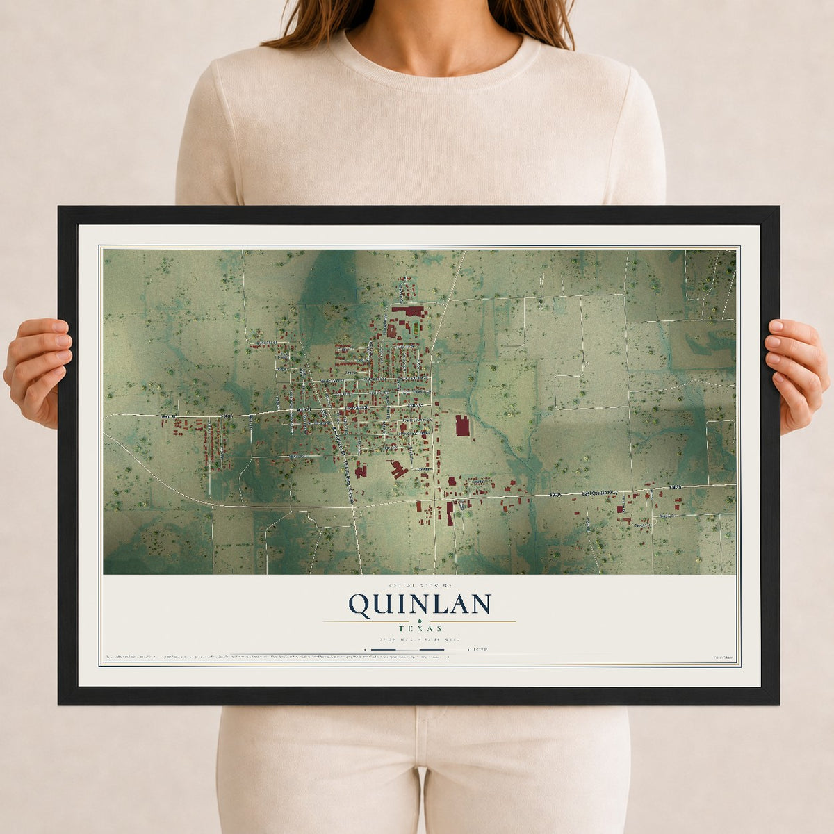 Map of Quinlan, Texas, 12 x 18 inch print in a black wood frame