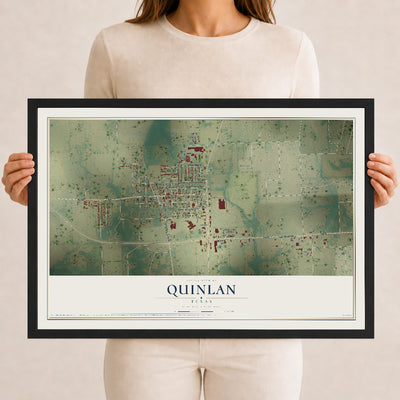 Map of Quinlan, Texas, 12 x 18 inch print in a black wood frame