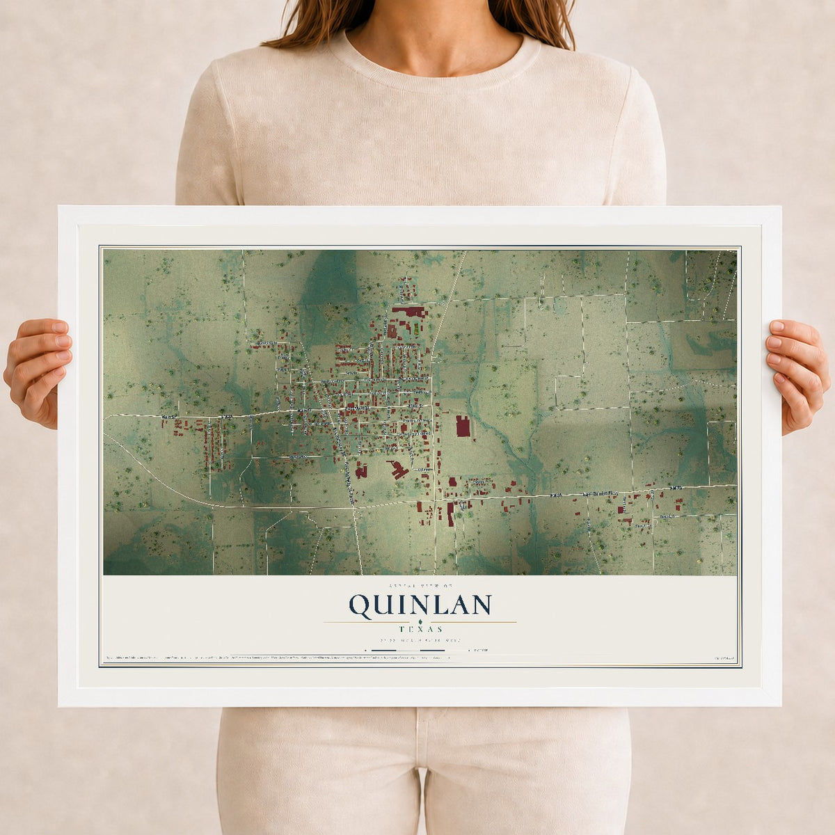 Map of Quinlan, Texas, 12 x 18 inch print in a white wood frame