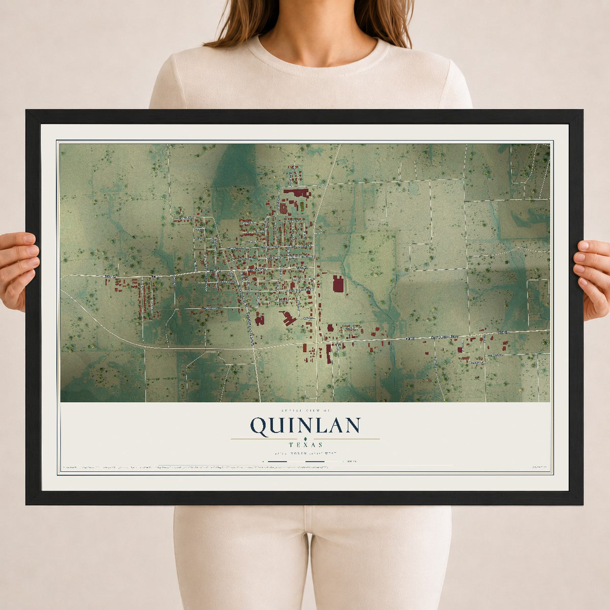 Map of Quinlan, Texas, 18 x 24 inch print in a black wood frame