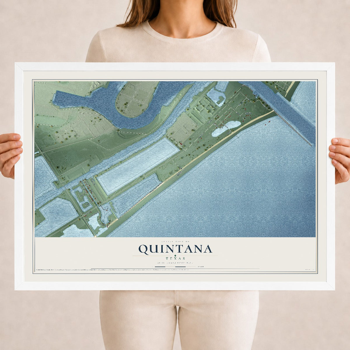 Map of Quintana, Texas, 18 x 24 inch print in a white wood frame