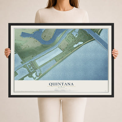 Map of Quintana, Texas, 24 x 36 inch print in a black wood frame