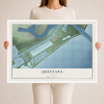 Map of Quintana, Texas, 24 x 36 inch print in a white wood frame