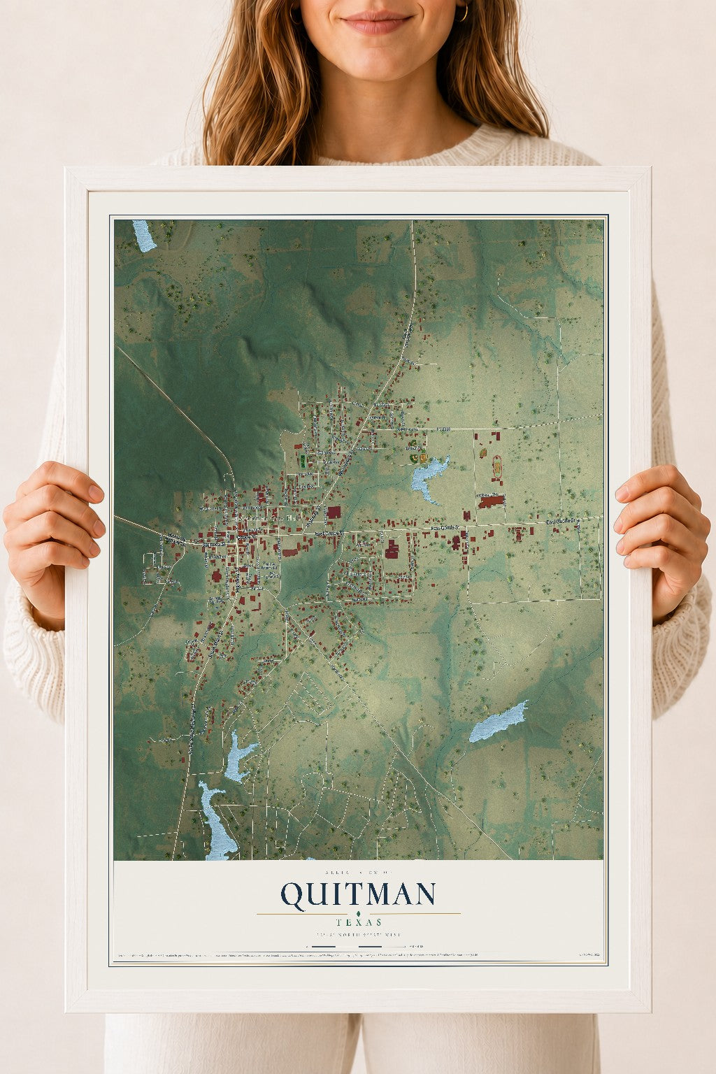 Map of Quitman, Texas, 18 x 24 inch print in a white wood frame