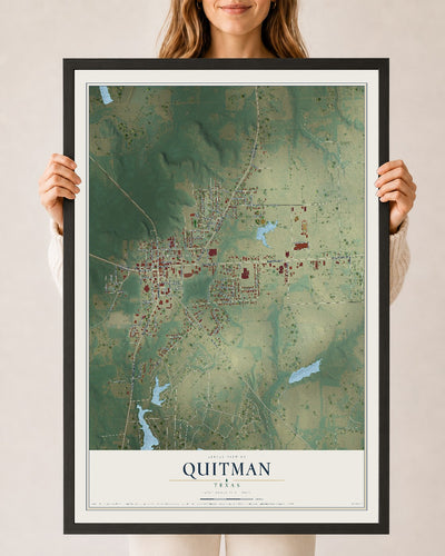Map of Quitman, Texas, 24 x 36 inch print in a black wood frame