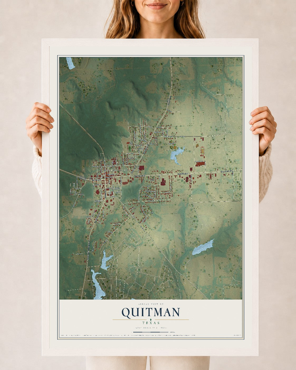 Map of Quitman, Texas, 24 x 36 inch print in a white wood frame