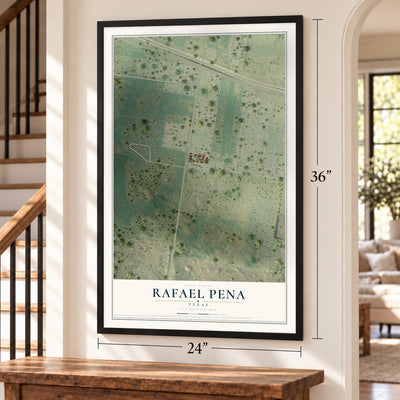 Rafael Pena, Texas map, 24 x 36 inch print in a black frame by a staircase