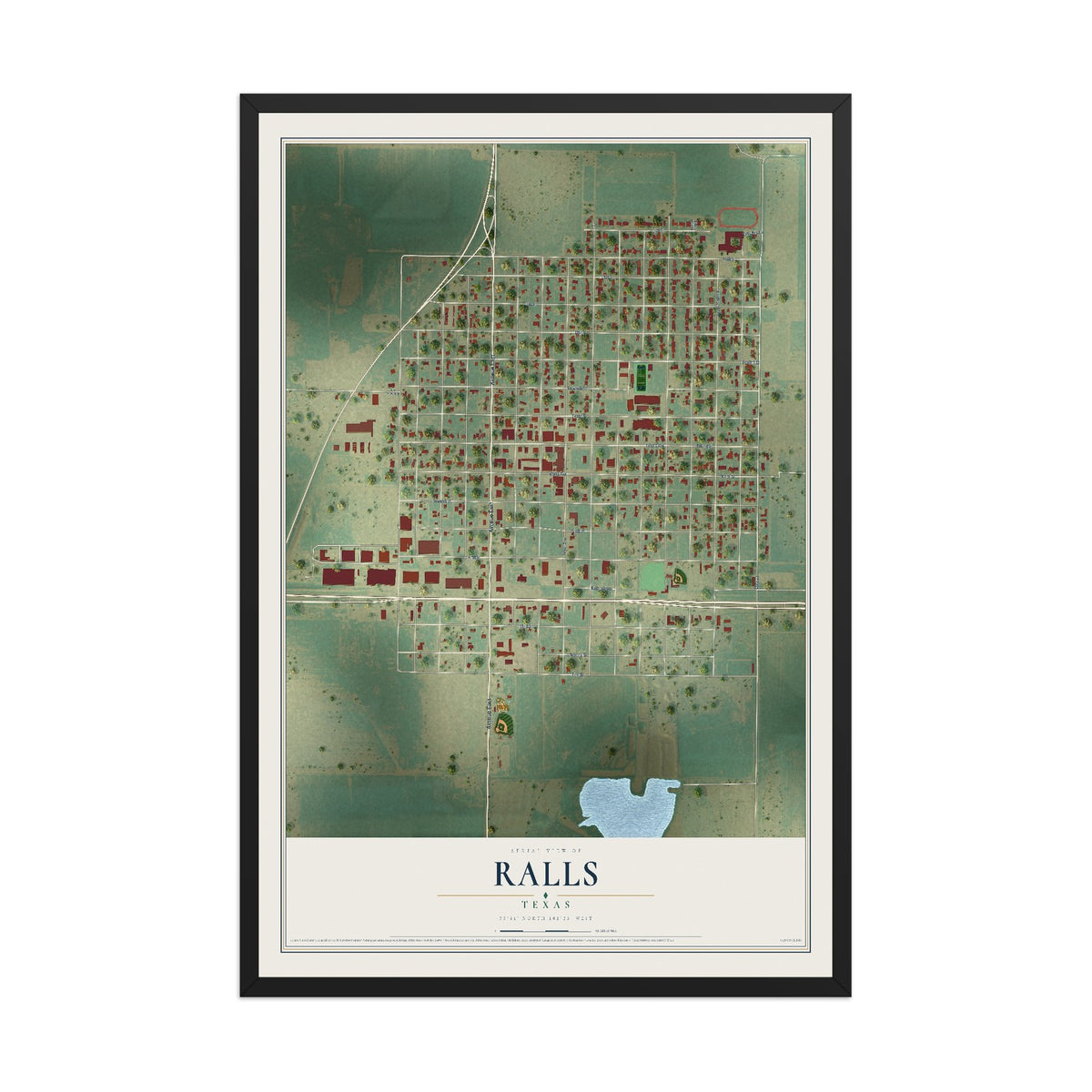 Map of Ralls, Texas, 12 x 18 inch print in a black wood frame