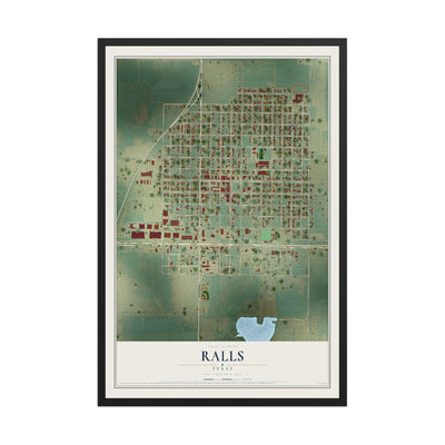 Map of Ralls, Texas, 12 x 18 inch print in a black wood frame