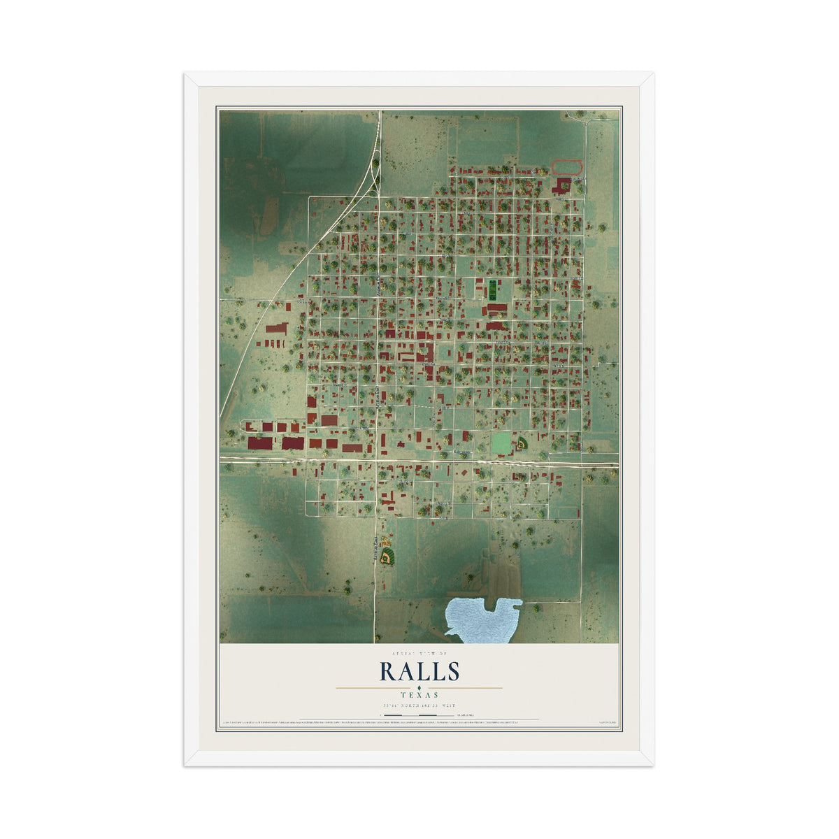 Map of Ralls, Texas, 12 x 18 inch print in a white wood frame