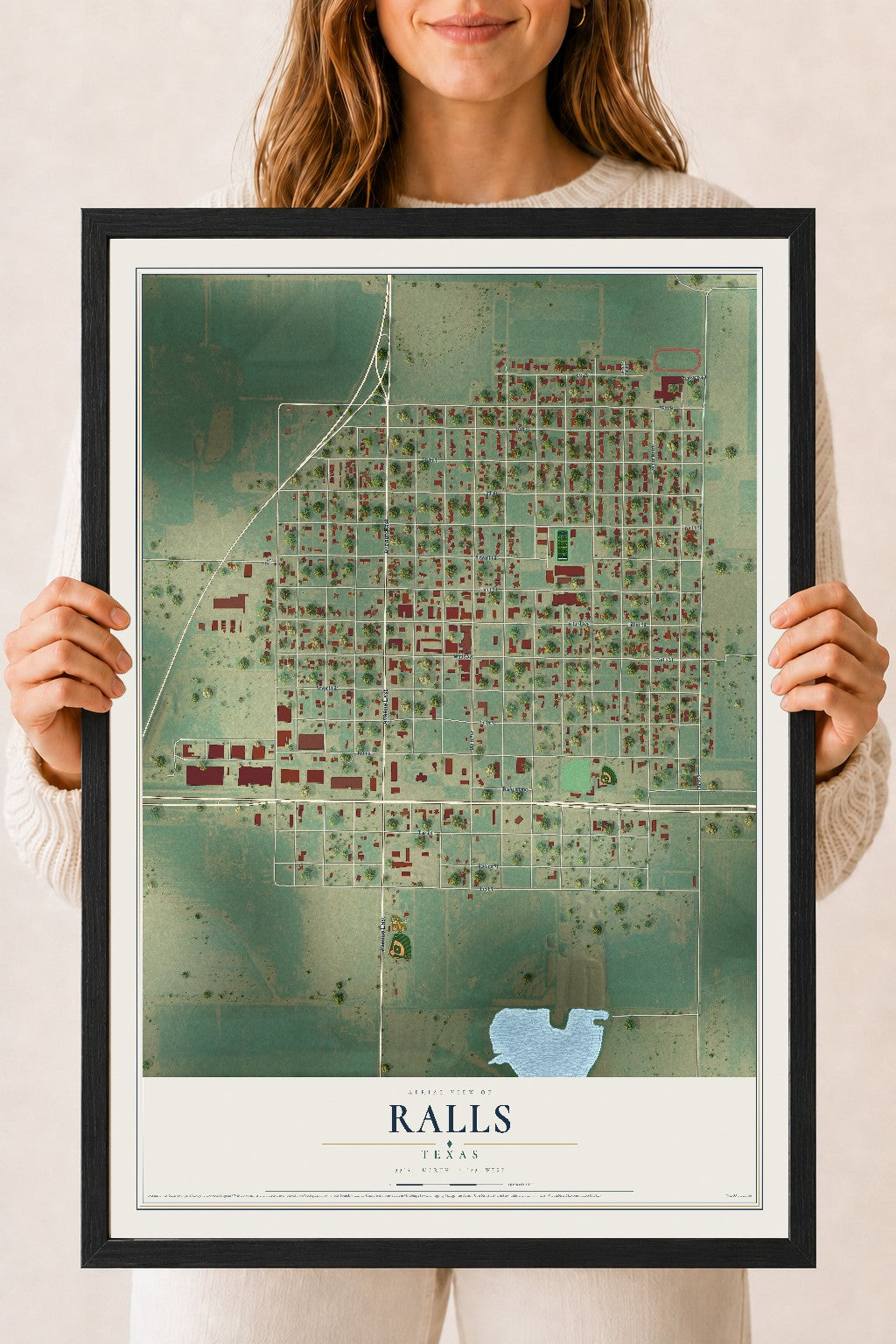 Map of Ralls, Texas, 18 x 24 inch print in a black wood frame