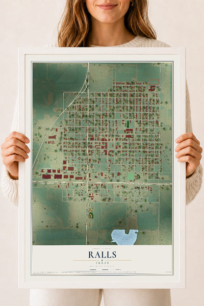 Map of Ralls, Texas, 18 x 24 inch print in a white wood frame