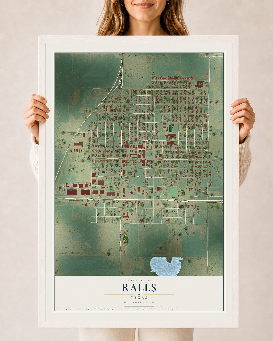 Map of Ralls, Texas, 24 x 36 inch print in a white wood frame