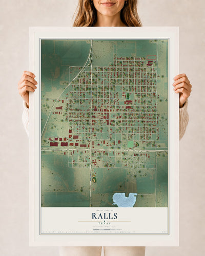 Map of Ralls, Texas, 24 x 36 inch print in a white wood frame