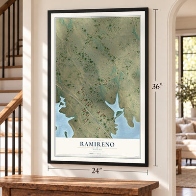Ramireno, Texas map, 24 x 36 inch print in a black frame by a staircase