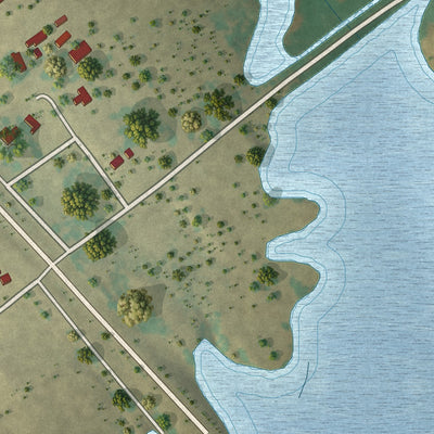 Close-up of the map of Ramireno, Texas print showing street and building detail