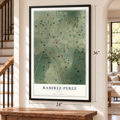 Ramirez-Perez, Texas map, 24 x 36 inch print in a black frame by a staircase