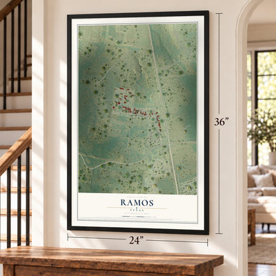 Ramos, Texas map, 24 x 36 inch print in a black frame by a staircase