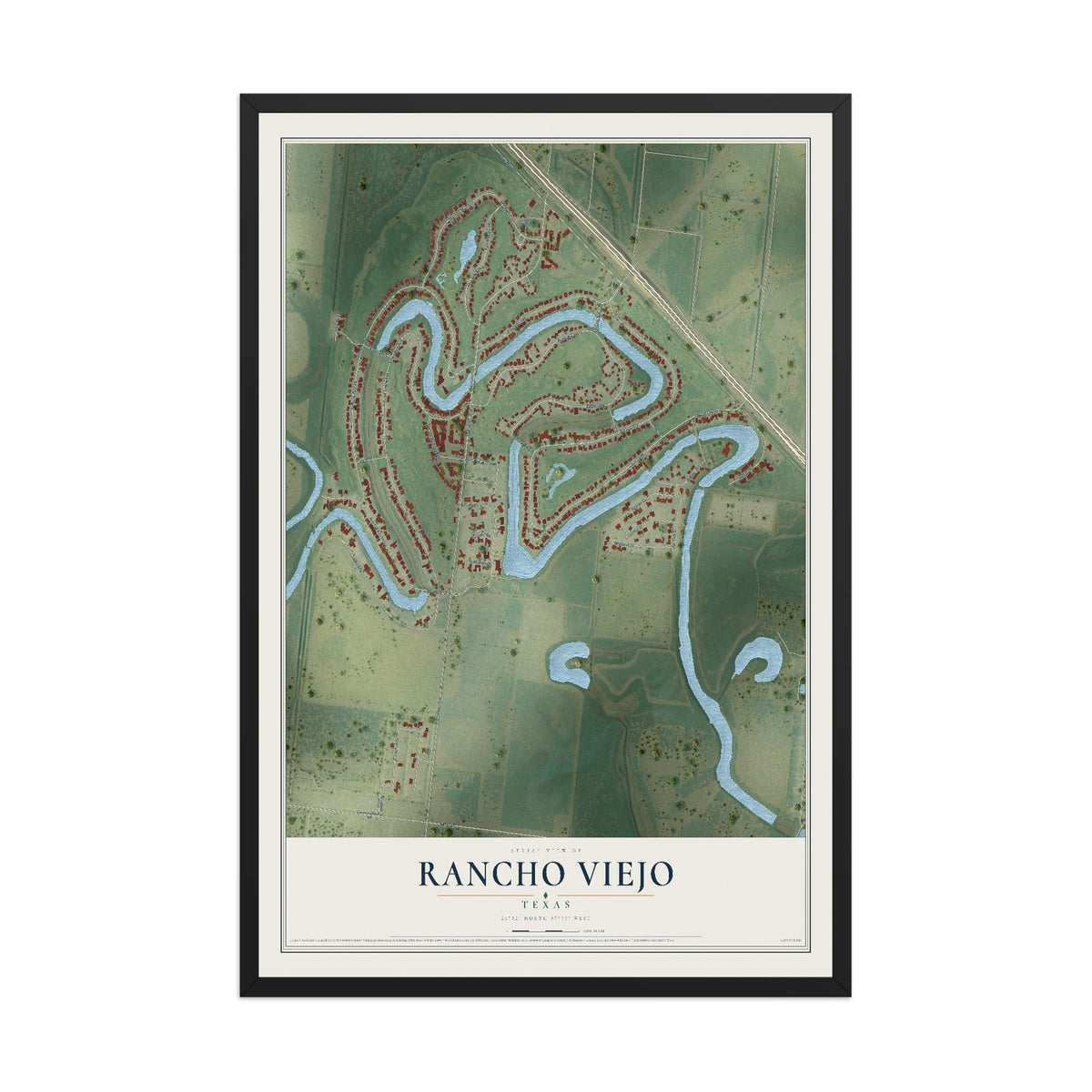 Map of Rancho Viejo, Texas, 12 x 18 inch print in a black wood frame