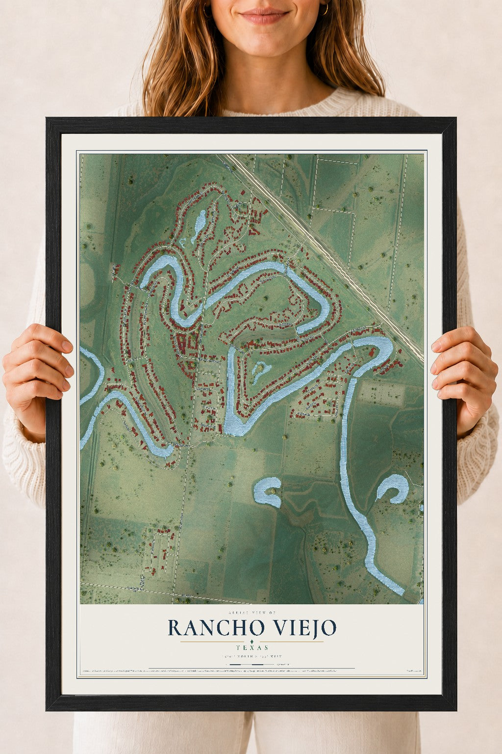Map of Rancho Viejo, Texas, 18 x 24 inch print in a black wood frame