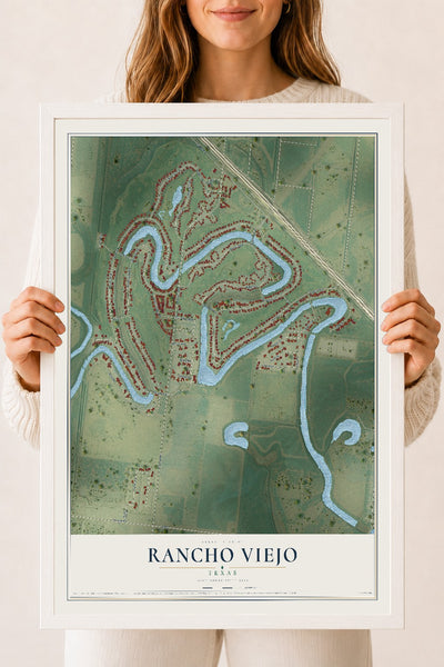 Map of Rancho Viejo, Texas, 18 x 24 inch print in a white wood frame