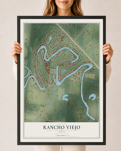 Map of Rancho Viejo, Texas, 24 x 36 inch print in a black wood frame