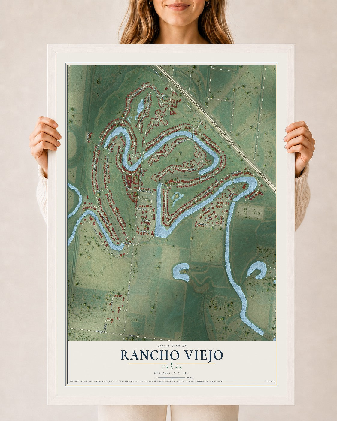 Map of Rancho Viejo, Texas, 24 x 36 inch print in a white wood frame