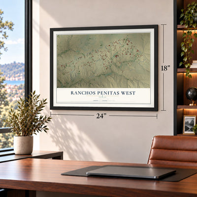 Ranchos Penitas West, Texas map, 18 x 24 inch print in a black frame in a home office