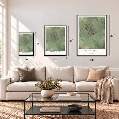 Randolph AFB, Texas map in 12 x 18, 18 x 24 and 24 x 36 inch sizes above a sofa
