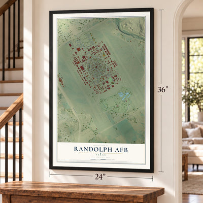 Randolph AFB, Texas map, 24 x 36 inch print in a black frame by a staircase