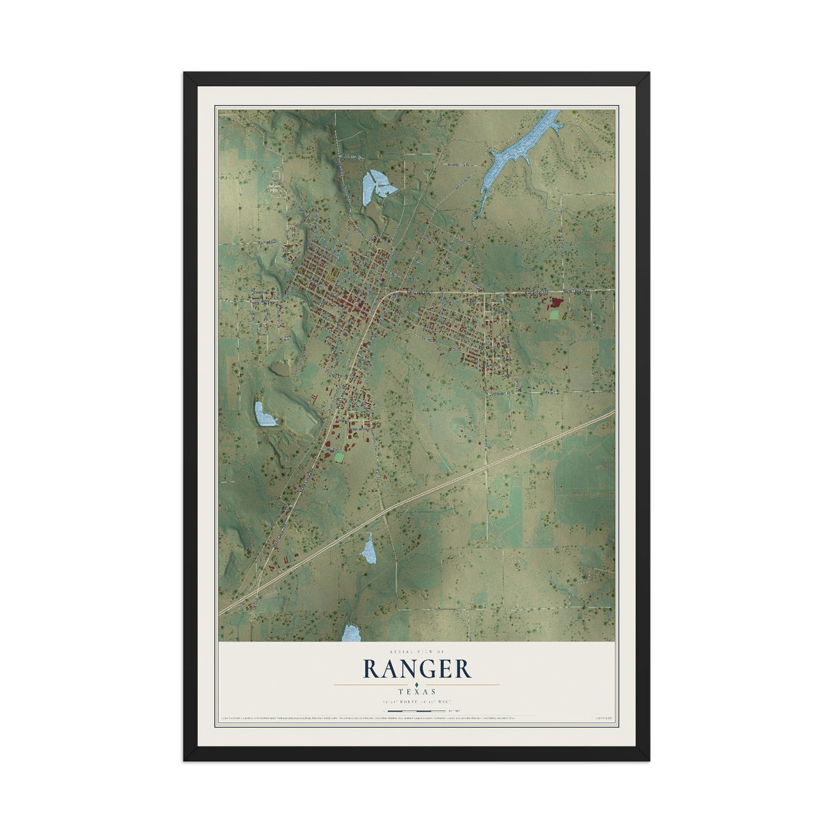 Map of Ranger, Texas, 12 x 18 inch print in a black wood frame