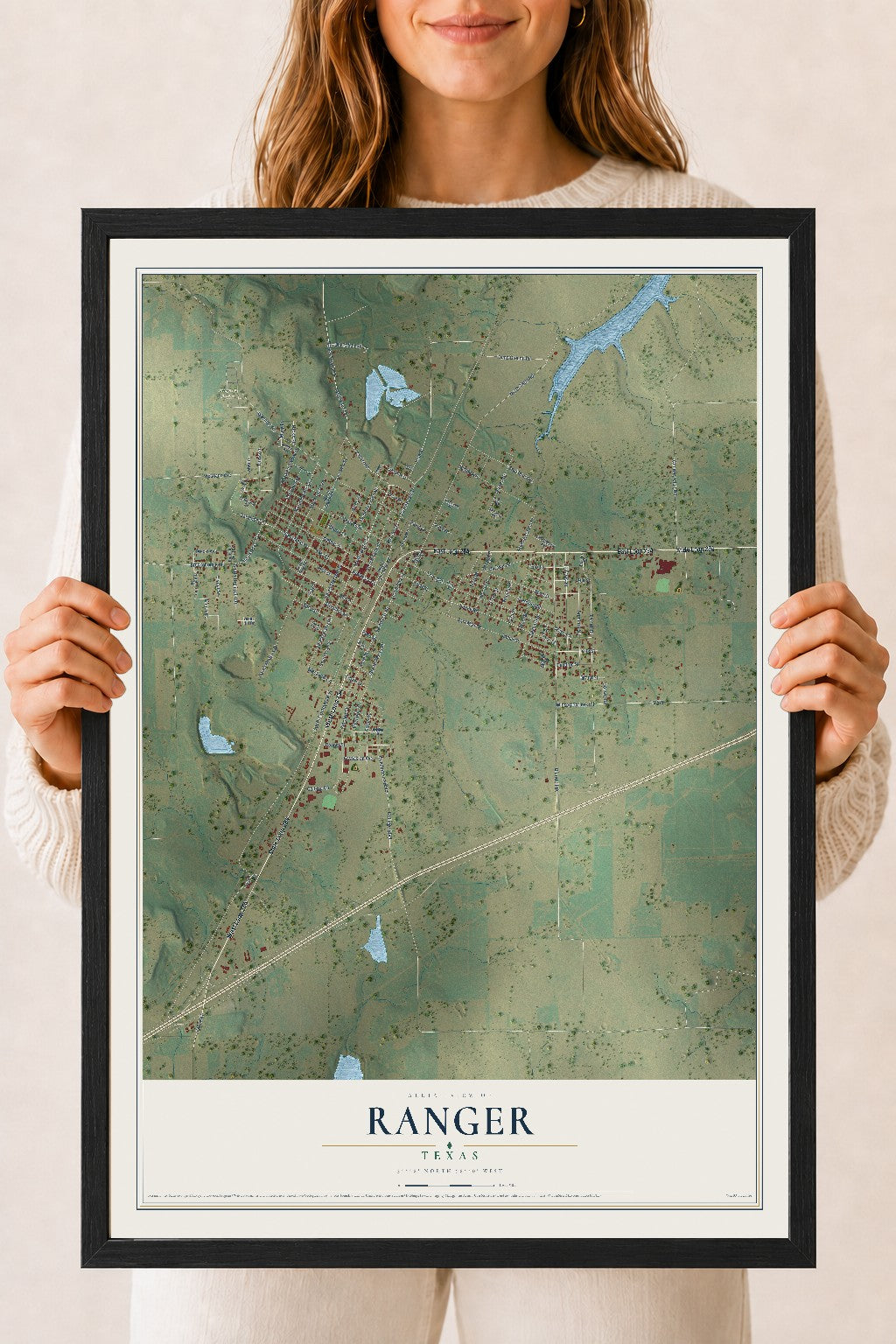 Map of Ranger, Texas, 18 x 24 inch print in a black wood frame