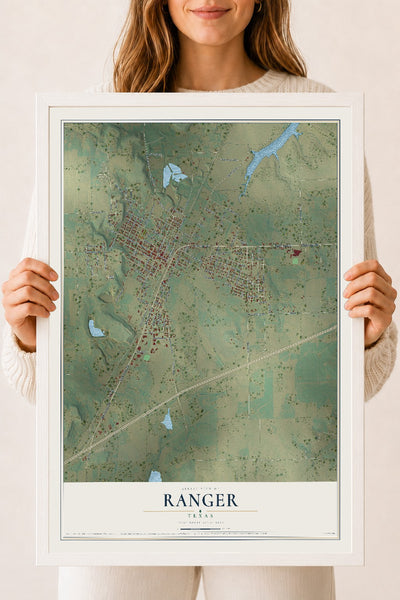 Map of Ranger, Texas, 18 x 24 inch print in a white wood frame
