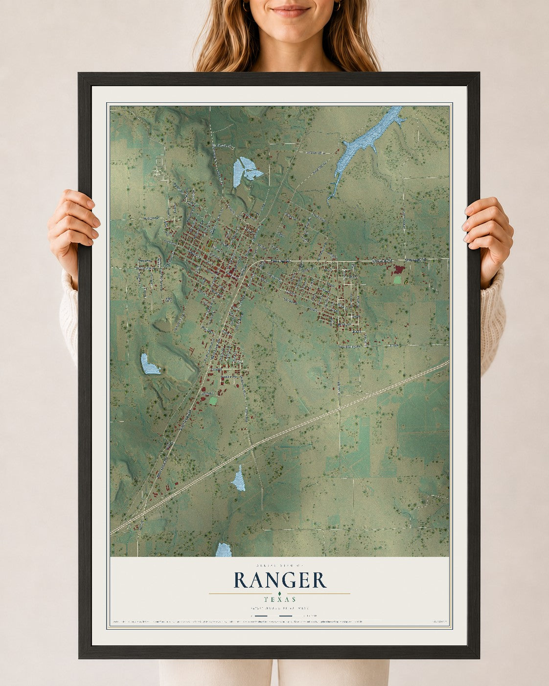 Map of Ranger, Texas, 24 x 36 inch print in a black wood frame