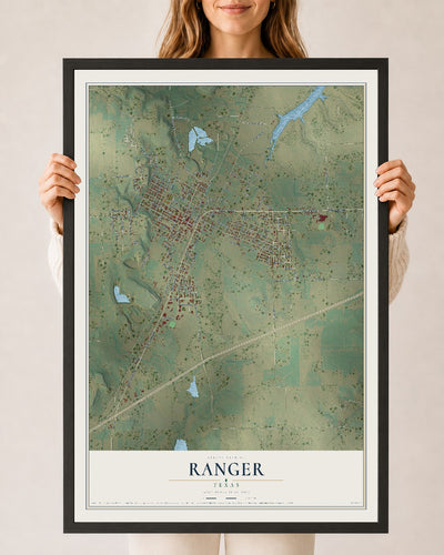 Map of Ranger, Texas, 24 x 36 inch print in a black wood frame