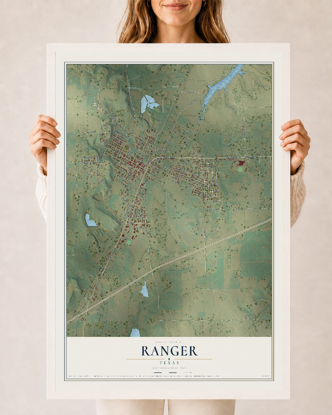 Map of Ranger, Texas, 24 x 36 inch print in a white wood frame
