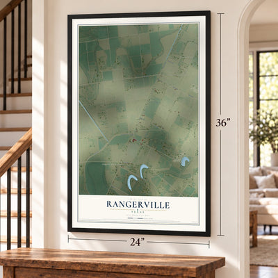 Rangerville, Texas map, 24 x 36 inch print in a black frame by a staircase