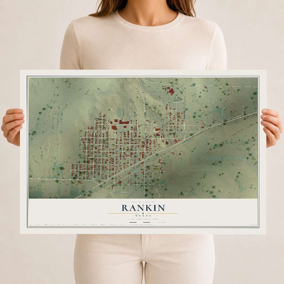 Map of Rankin, Texas, 12 x 18 inch unframed archival matte print